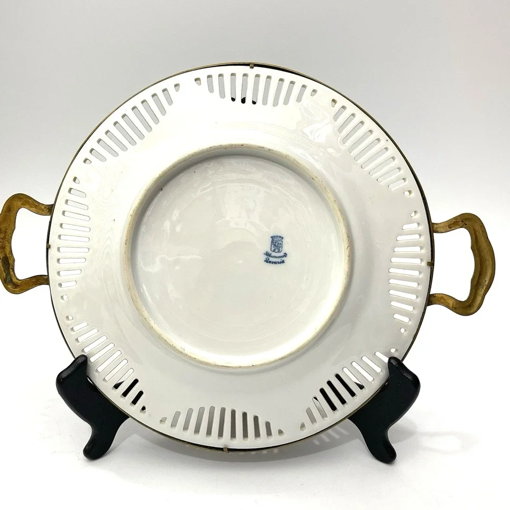 Vintage 1940s‎ Schumann Bavaria Bronze Mounted Porcelain Reticulated Floral Dish